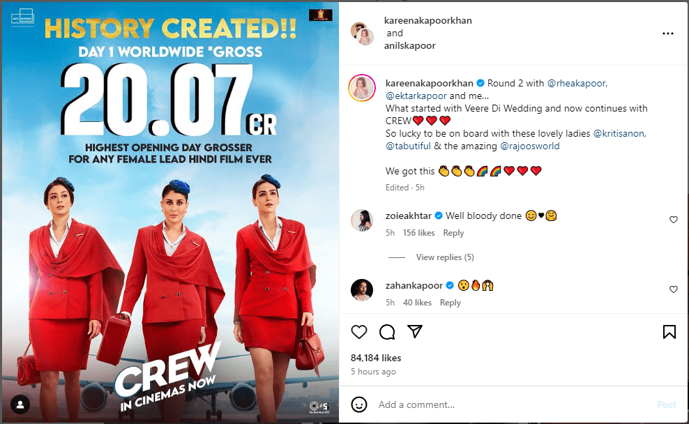 kareena kapoor post on success of crew 2024