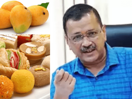 Arvind Kejriwal with mangoes and sweets